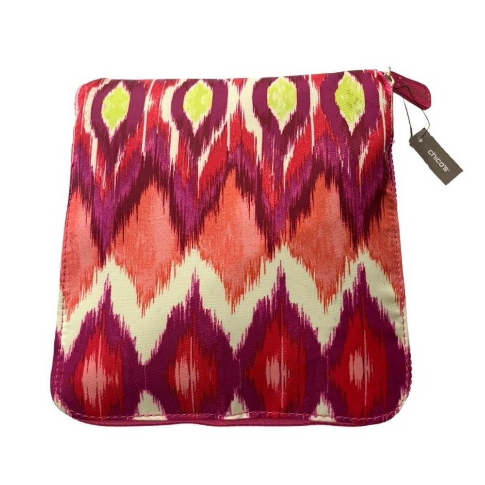 Chico's Packable Foldable Travel Tote Bag Ikat Print Pink Purple NWT Zip Shopper
